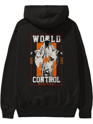 Ankhises World Control Arka Baskılı Siyah Oversize Kapüşonlu Sweatshirt Erkek Kadın