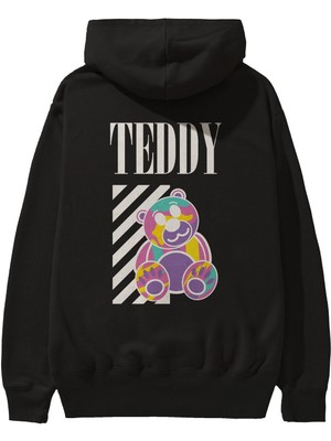 Ankhises Teddy Bear 2 Arka Baskılı Siyah Oversize Kapüşonlu Sweatshirt Erkek Kadın