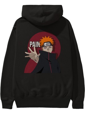 Ankhises Paın Naruto Anime Arka Baskılı Siyah Oversize Kapüşonlu Sweatshirt Erkek Kadın
