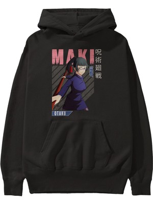 Ankhises Maki Zenin Chaınsawman Anime Ön Baskılı Siyah Hoodie Oversize Kapüşonlu Sweatshirt Erkek Kadın