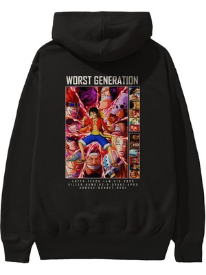Ankhises Worst Generation Anime Arka Baskılı Siyah Oversize Kapüşonlu Sweatshirt Erkek Kadın