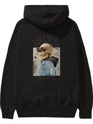 Ankhises Teddy Bear Forever Cool Arka Baskılı Siyah Oversize Kapüşonlu Sweatshirt Erkek Kadın