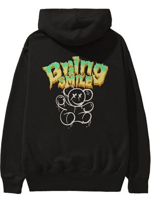 Ankhises Teddy Bear Braing Smile Arka Baskılı Siyah Oversize Kapüşonlu Sweatshirt Erkek Kadın
