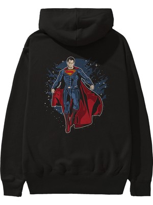 Ankhises Superman Arka Baskılı Siyah Oversize Kapüşonlu Sweatshirt Erkek Kadın