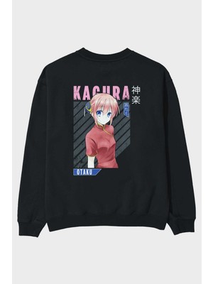 Ankhises Kagura Gıntama Anime Arka Baskılı Siyah Oversize Sweatshirt Erkek Kadın Bisiklet Yaka