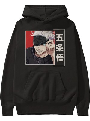 Ankhises Jujutsu Kaısen Anime Ön Baskılı Siyah Hoodie Oversize Kapüşonlu Sweatshirt Erkek Kadın
