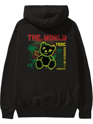 Ankhises The World Toxic Bear Arka Baskılı Siyah Oversize Kapüşonlu Sweatshirt Erkek Kadın