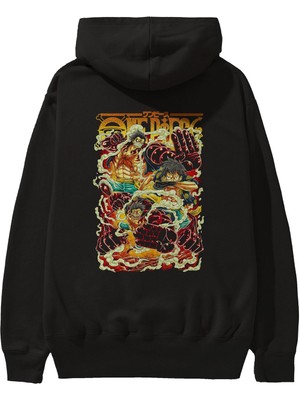 Ankhises Monkey D. Luffy Anime Arka Baskılı Siyah Oversize Kapüşonlu Sweatshirt Erkek Kadın