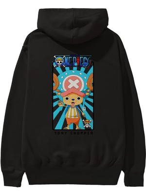 Ankhises Chopper Anime Arka Baskılı Siyah Oversize Kapüşonlu Sweatshirt Erkek Kadın