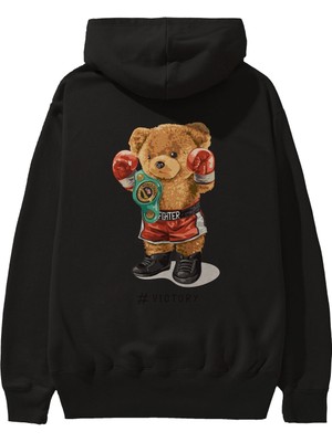 Ankhises Teddy Bear Victory Arka Baskılı Siyah Oversize Kapüşonlu Sweatshirt Erkek Kadın