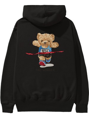 Ankhises Teddy Bear The Winner Arka Baskılı Siyah Oversize Kapüşonlu Sweatshirt Erkek Kadın
