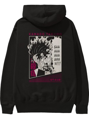 Ankhises Tanjıro Kamado 3 Anime Arka Baskılı Siyah Oversize Kapüşonlu Sweatshirt Erkek Kadın