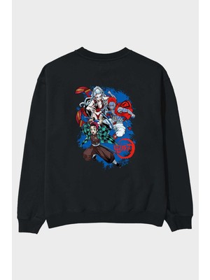 Ankhises Tanjıro ,akaza,dakı Anime Arka Baskılı Siyah Oversize Sweatshirt Erkek Kadın Bisiklet Yaka