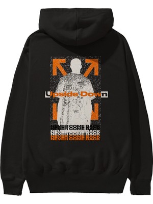 Ankhises Upside Down Arka Baskılı Siyah Oversize Kapüşonlu Sweatshirt Erkek Kadın