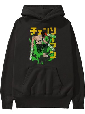 Ankhises Chaınsawman Denjı Anime Ön Baskılı Siyah Hoodie Oversize Kapüşonlu Sweatshirt Erkek Kadın