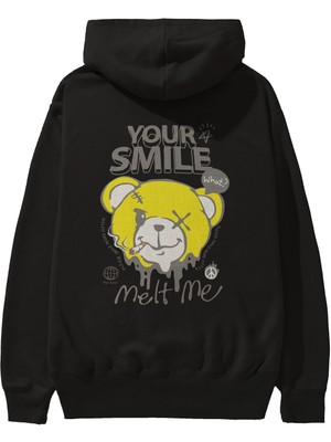 Ankhises Your Smile Bear Arka Baskılı Siyah Oversize Kapüşonlu Sweatshirt Erkek Kadın