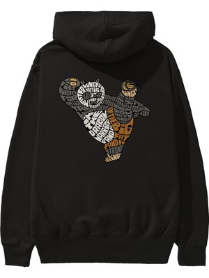 Ankhises Warrior Panda Arka Baskılı Siyah Oversize Kapüşonlu Sweatshirt Erkek Kadın
