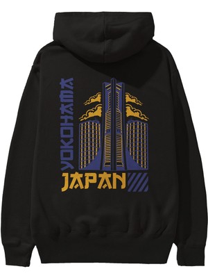 Ankhises Yokohama Arka Baskılı Siyah Oversize Kapüşonlu Sweatshirt Erkek Kadın