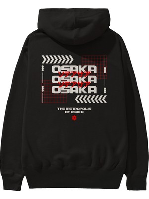 Ankhises The Metropolis Of Osaka Arka Baskılı Siyah Oversize Kapüşonlu Sweatshirt Erkek Kadın