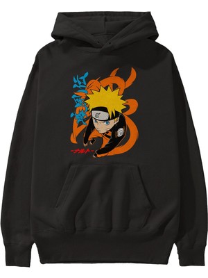 Ankhises Naruto Uzumaki 1 Anime Ön Baskılı Siyah Hoodie Oversize Kapüşonlu Sweatshirt Erkek Kadın