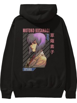 Ankhises Motoko Kusanagi 4 Anime Arka Baskılı Siyah Oversize Kapüşonlu Sweatshirt Erkek Kadın