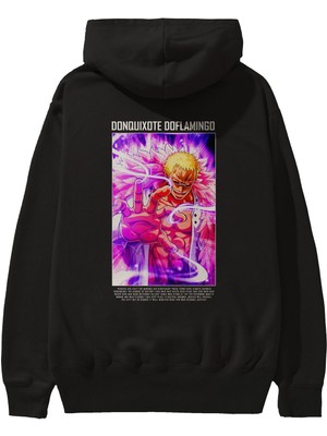 Ankhises Doflamingo Anime Arka Baskılı Siyah Oversize Kapüşonlu Sweatshirt Erkek Kadın