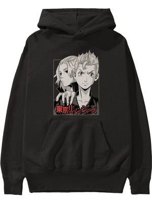 Ankhises Tokyo Revengers Anime Ön Baskılı Siyah Hoodie Oversize Kapüşonlu Sweatshirt Erkek Kadın