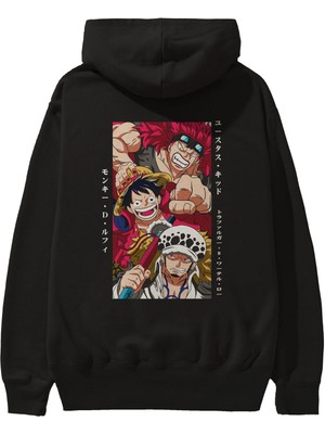 Ankhises Super Novas One Piece Siyah Anime Arka Baskılı Siyah Oversize Kapüşonlu Sweatshirt Erkek Kadın