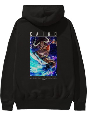 Ankhises Kaido 2 Anime Arka Baskılı Siyah Oversize Kapüşonlu Sweatshirt Erkek Kadın