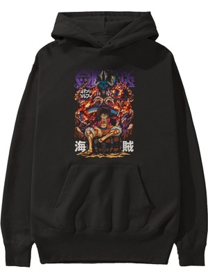 Ankhises Monkey D. Luffy 2 Anime Ön Baskılı Siyah Hoodie Oversize Kapüşonlu Sweatshirt Erkek Kadın