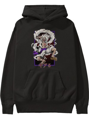 Ankhises Monkey D. Luffy Gear5 Anime Ön Baskılı Siyah Hoodie Oversize Kapüşonlu Sweatshirt Erkek Kadın