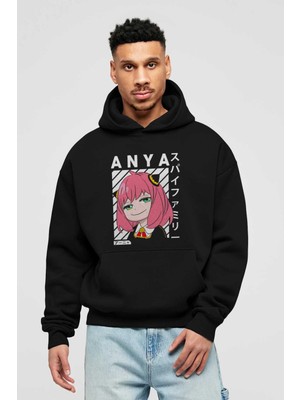 Ankhises Anya Spyx Famıly Anime Ön Baskılı Siyah Hoodie Oversize Kapüşonlu Sweatshirt Erkek Kadın