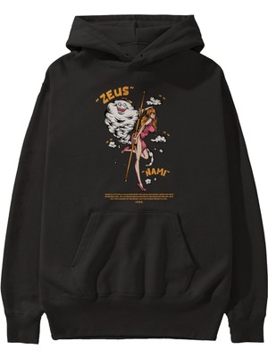 Ankhises Zeus Nami Anime Ön Baskılı Siyah Hoodie Oversize Kapüşonlu Sweatshirt Erkek Kadın