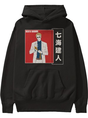 Ankhises Kento Nanami 1 Anime Ön Baskılı Siyah Hoodie Oversize Kapüşonlu Sweatshirt Erkek Kadın