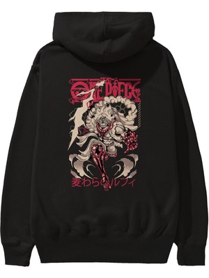 Ankhises Monkey D. Luff-One Pıece 1 Anime Arka Baskılı Siyah Oversize Kapüşonlu Sweatshirt Erkek Kadın