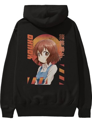 Ankhises Youko Inokuma 5 Anime Arka Baskılı Siyah Oversize Kapüşonlu Sweatshirt Erkek Kadın