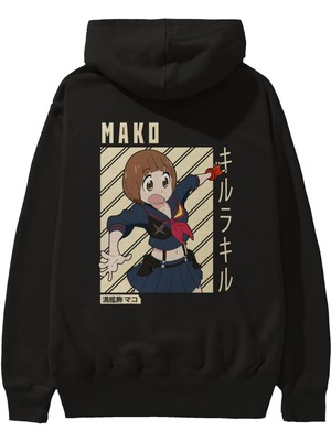 Ankhises Mako Mankanshoku 1 Anime Arka Baskılı Siyah Oversize Kapüşonlu Sweatshirt Erkek Kadın