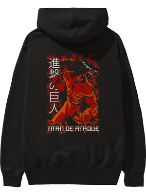 Ankhises Eren Yeager Anime Arka Baskılı Siyah Oversize Kapüşonlu Sweatshirt Erkek Kadın