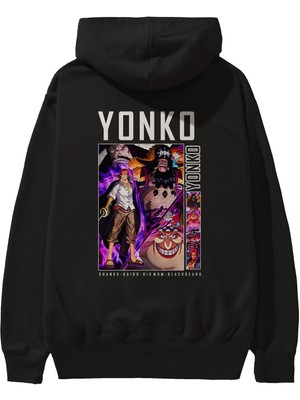 Ankhises Yonko Anime Arka Baskılı Siyah Oversize Kapüşonlu Sweatshirt Erkek Kadın