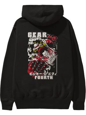 Ankhises Luffy Gear 4 Anime Arka Baskılı Siyah Oversize Kapüşonlu Sweatshirt Erkek Kadın