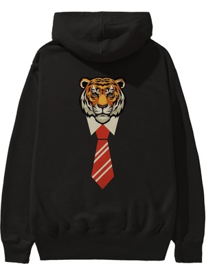 Ankhises Tiger With Tie Arka Baskılı Siyah Oversize Kapüşonlu Sweatshirt Erkek Kadın