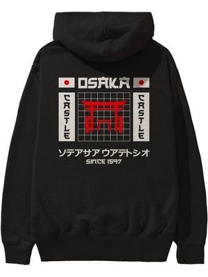 Ankhises Osaka Castle Since 1597 Arka Baskılı Siyah Oversize Kapüşonlu Sweatshirt Erkek Kadın