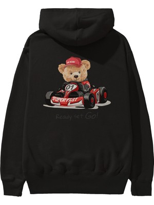 Ankhises Teddy Bear Ready Set Go Arka Baskılı Siyah Oversize Kapüşonlu Sweatshirt Erkek Kadın