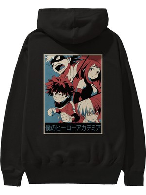 Ankhises Bokunohero Anime Arka Baskılı Siyah Oversize Kapüşonlu Sweatshirt Erkek Kadın