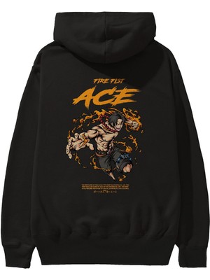 Ankhises Fire Fist Ace Anime Arka Baskılı Siyah Oversize Kapüşonlu Sweatshirt Erkek Kadın