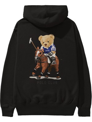 Ankhises Teddy Bear Polo Club Arka Baskılı Siyah Oversize Kapüşonlu Sweatshirt Erkek Kadın