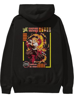 Ankhises Kyojuro Rengoku Anime Arka Baskılı Siyah Oversize Kapüşonlu Sweatshirt Erkek Kadın
