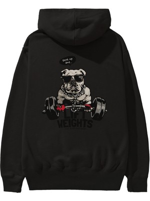 Ankhises Teddy Bear Lift Weights Arka Baskılı Siyah Oversize Kapüşonlu Sweatshirt Erkek Kadın