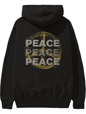 Ankhises Peace Yazılı Arka Baskılı Siyah Oversize Kapüşonlu Sweatshirt Erkek Kadın
