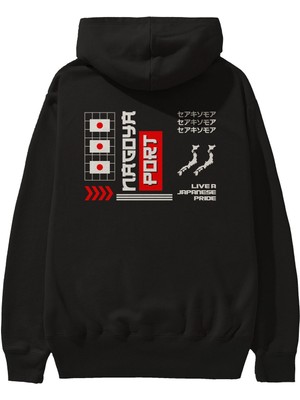 Ankhises Nagoya Port Arka Baskılı Siyah Oversize Kapüşonlu Sweatshirt Erkek Kadın